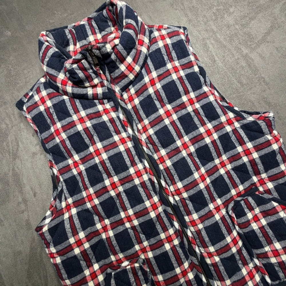 Staccato Quilted Vest Womens Sz M Navy Blue Red Flannel Plaid Full Zip Mock Neck